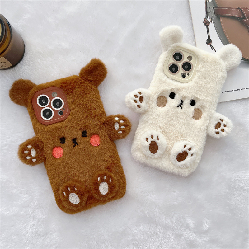 Phone Cases Leather - Koreanische 3D Cartoon Bär Flauschige Plüsch