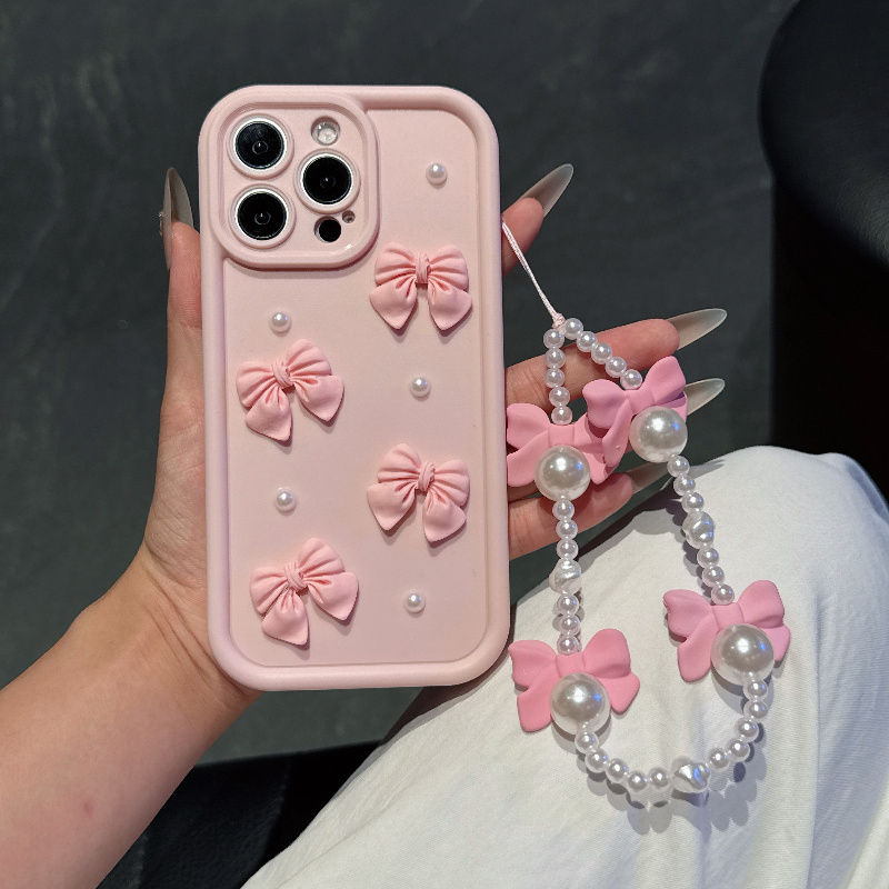 Phone Cases With Charms - Rosa Handyhülle mit Schleifen-Perlen-Lanyard für iPhone