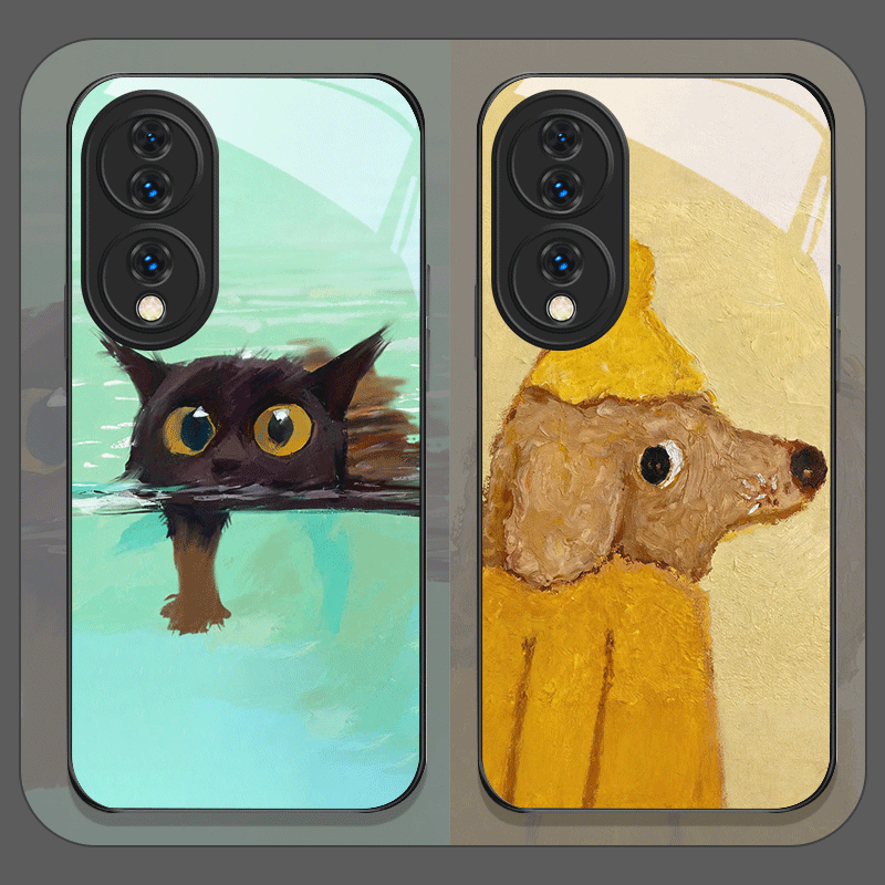 Phone Cases Yellow - Ölgemälde Gelber Hund Schwarze Katze Gehärtetes