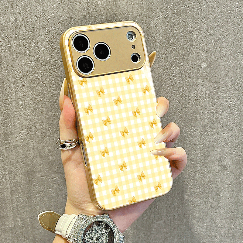 Phone Cases Yellow - Pastellgelbe Karierte Schleifendekor-Handyhülle, Kratzfeste Galvanisierte Hülle