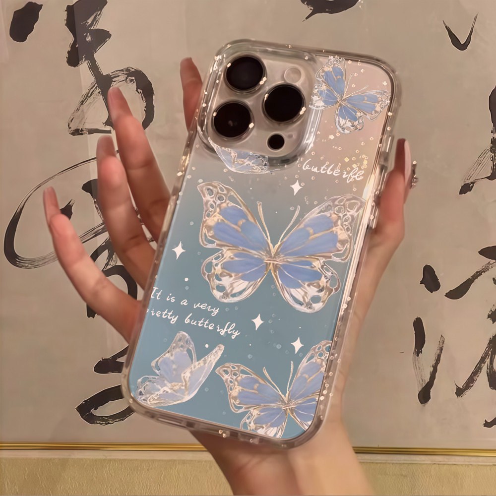 Phone Cases Iphone 15 Pro Max - Luxuriöse Blaue Schmetterling Glitzer Handyhülle für