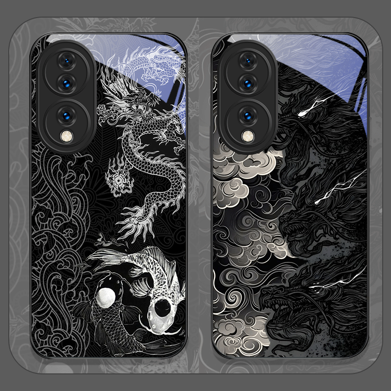 Huawei Nova 12 - Ästhetische Coole Schwarze Drachen-Bedruckte Gehärtete Glas-Handyhülle